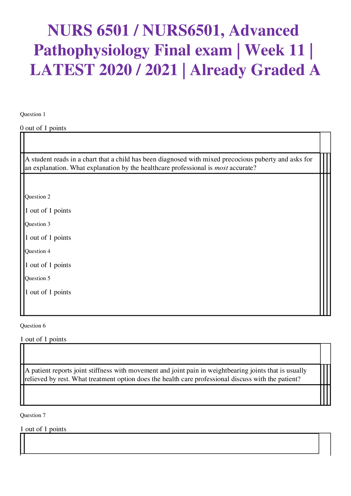 NURS 6501 / NURS6501, Advanced Pathophysiology Final exam | Week 11 | LATEST 2020 / 2021 | Already Graded A